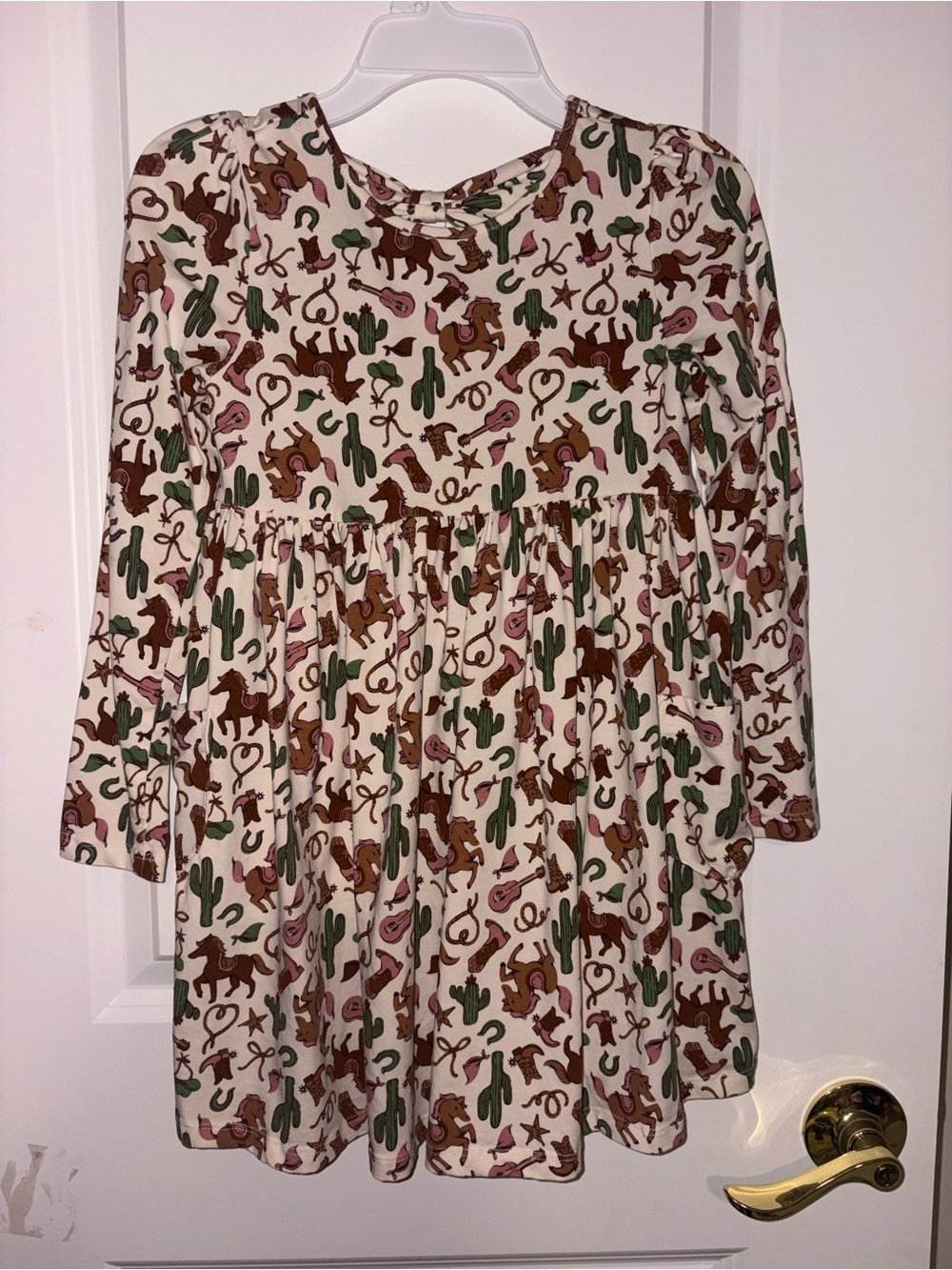 Flapdoodles Cream Western Print Long Sleeve Dress with Brown and Green Accents